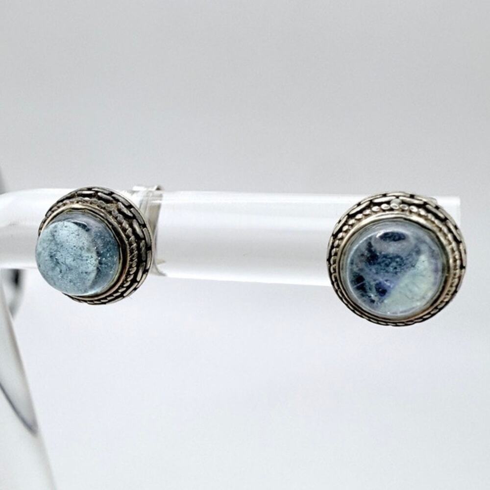 Vtg 925 Sterling Silver Blue Glass Stud Earrings Oxidized Southwest Boho